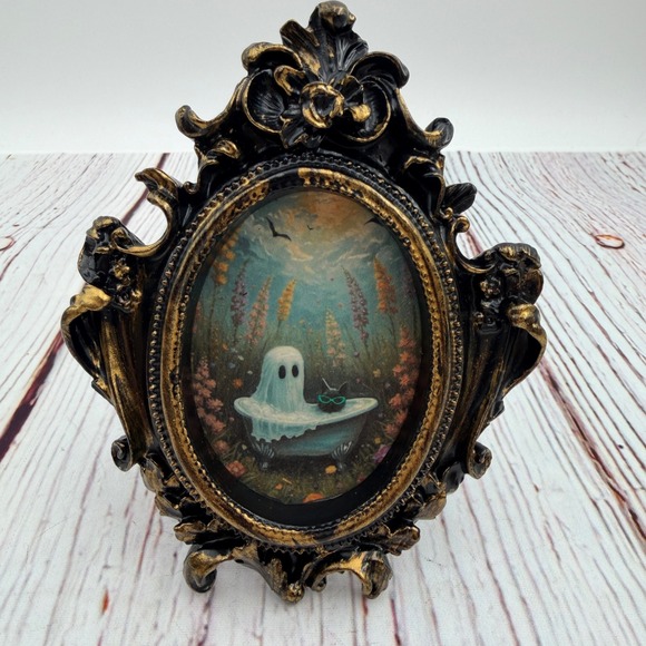 Other - Ghost in Bathtub Art Print Ornate Black Gold Resin Frame Whimsigoth Decor 5.25in
